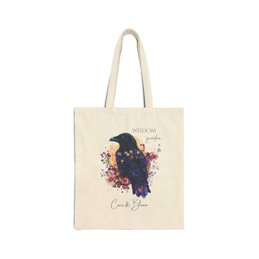 Crow and Bloom Art Cotton Canvas Tote Bag, Eco-Friendly Shopping Bag, Reusable Grocery Tote, Gift for Nature Lovers, Magical Mystical Crow