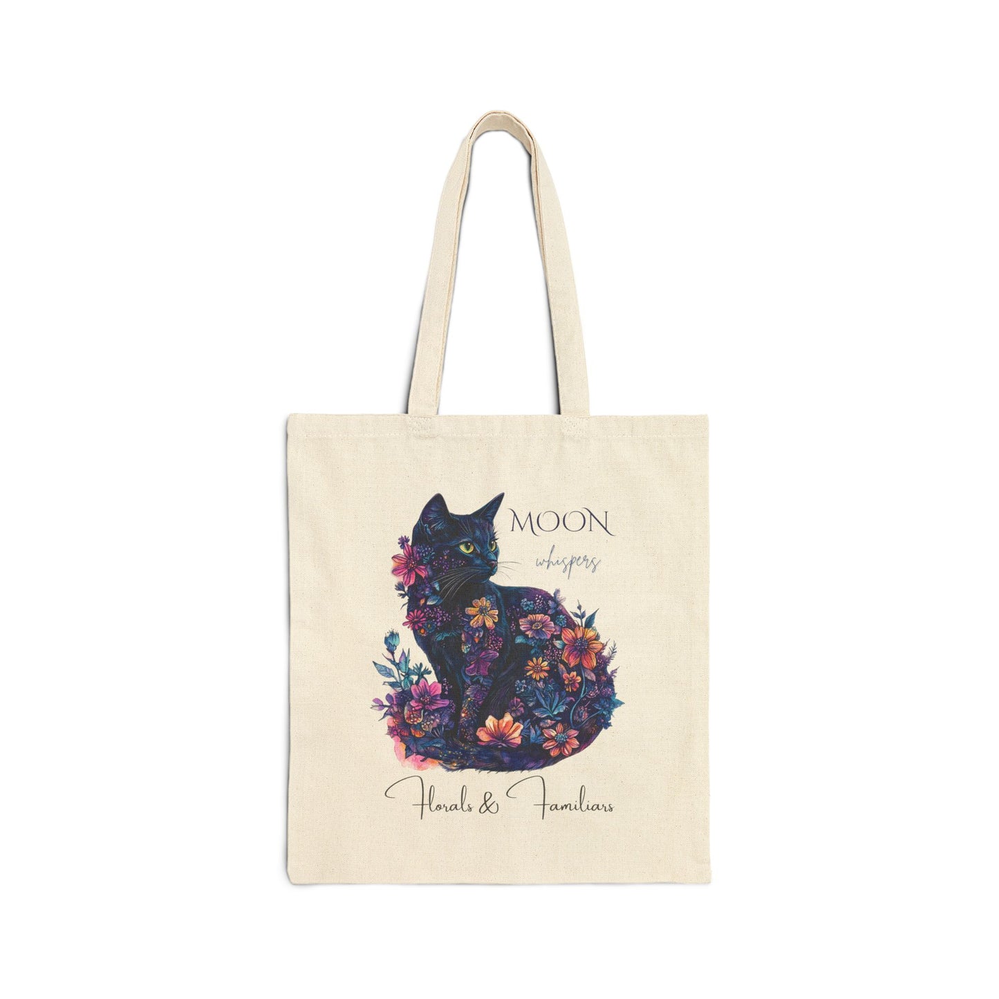 Mystical Moon Cat Florals & Familiars Collection, Cotton Canvas Tote Bag, Eco-Friendly Shopping Bag, Cute Magic Cat Lovers Gift, Reusable