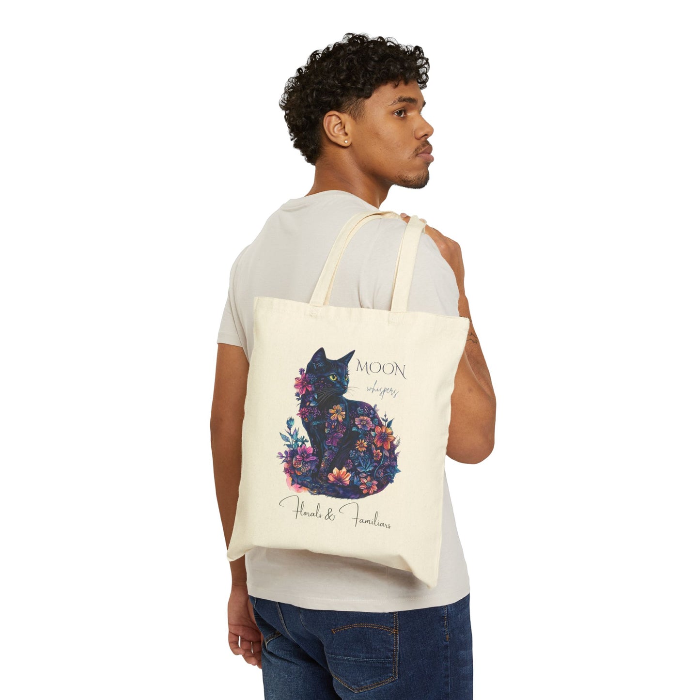 Mystical Moon Cat Florals & Familiars Collection, Cotton Canvas Tote Bag, Eco-Friendly Shopping Bag, Cute Magic Cat Lovers Gift, Reusable