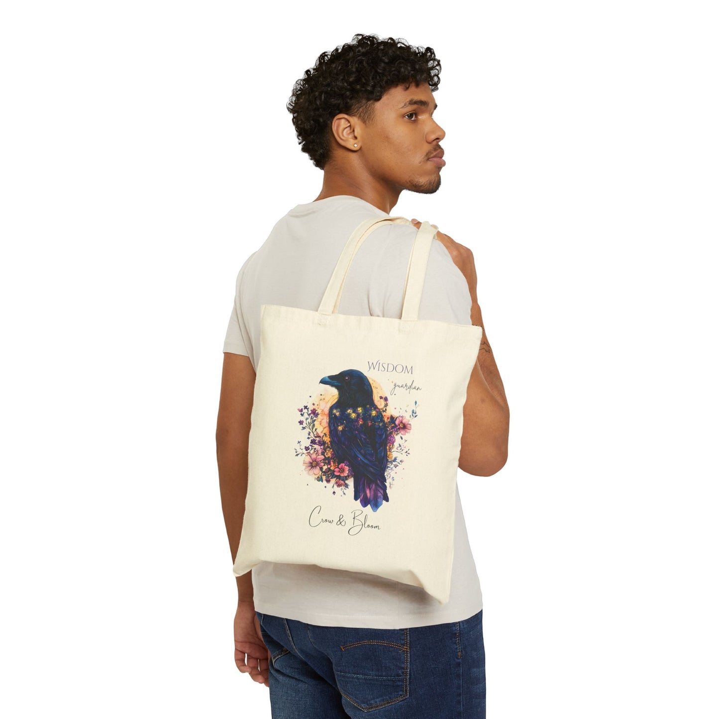 Crow and Bloom Art Cotton Canvas Tote Bag, Eco-Friendly Shopping Bag, Reusable Grocery Tote, Gift for Nature Lovers, Magical Mystical Crow